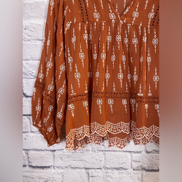 American Eagle Rust Orange Boho Embroidered Peasant Blouse Size M - Picture 5 of 8